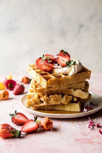 Overnight Waffles with Whipped Meyer Lemon Cream and Strawberries.