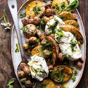 Roasted Mixed Potatoes with Spring Herbs and Burrata.