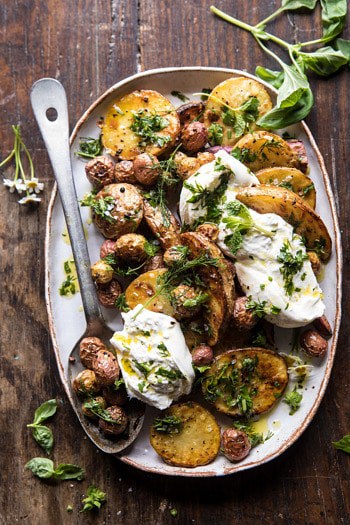 Roasted Mixed Potatoes with Spring Herbs and Burrata.