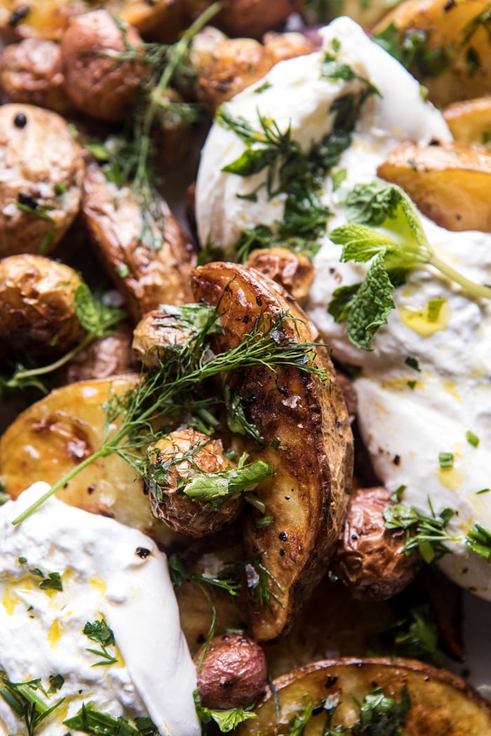 Roasted Mixed Potatoes with Spring Herbs and Burrata | halfbakedharvest.com #spring #recipes #brunch