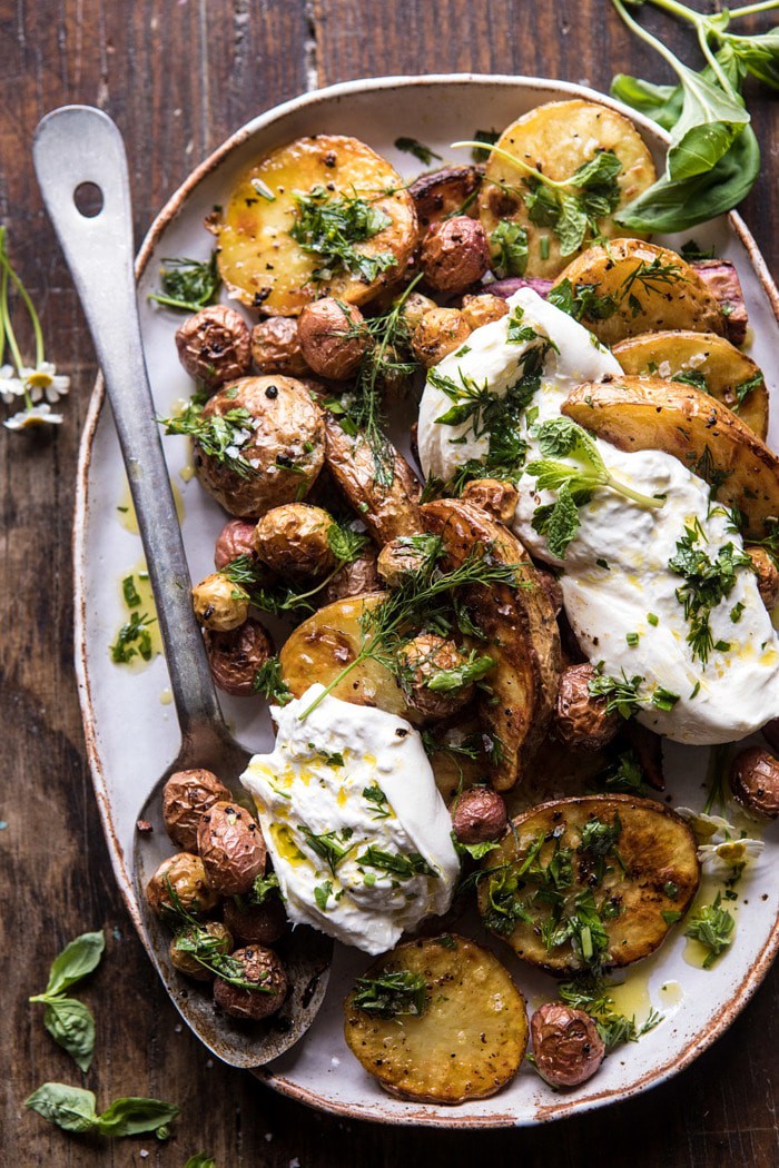 Roasted Mixed Potatoes with Spring Herbs and Burrata | halfbakedharvest.com #spring #recipes #brunch