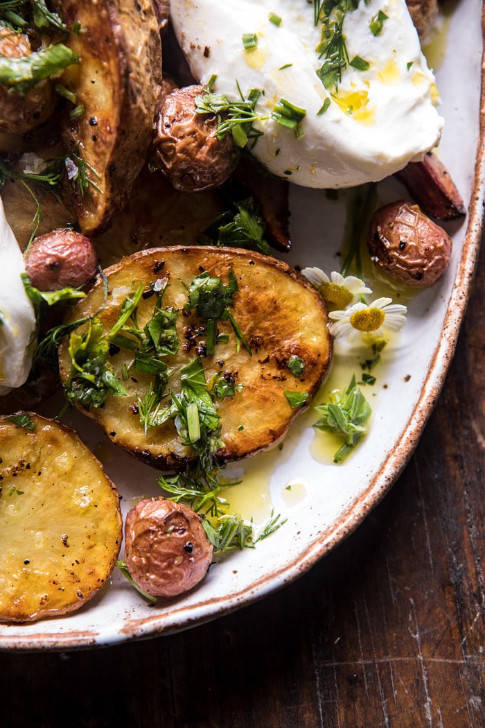 Roasted Mixed Potatoes with Spring Herbs and Burrata | halfbakedharvest.com #spring #recipes #brunch