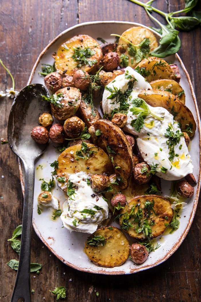 Roasted Mixed Potatoes with Spring Herbs and Burrata | halfbakedharvest.com #spring #recipes #brunch
