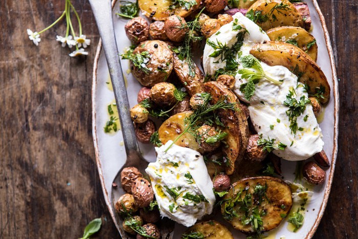 Roasted Mixed Potatoes with Spring Herbs and Burrata | halfbakedharvest.com #spring #recipes #brunch