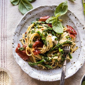 Spicy Pesto, Asparagus, and Ricotta Pasta with Crispy Prosciutto | halfbakedharvest.com #pasta #recipes #quick