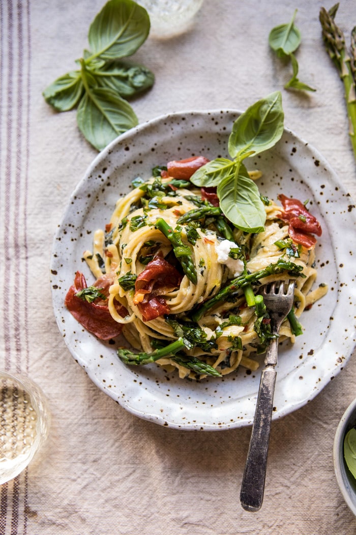 Spicy Pesto, Asparagus, and Ricotta Pasta with Crispy Prosciutto | halfbakedharvest.com #pasta #recipes #quick