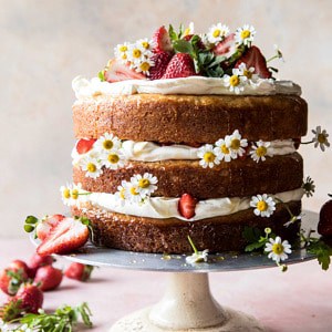 Strawberry Chamomile Naked Cake | halfbakedharvest.com #cake #spring #strawberry #recipes #easter