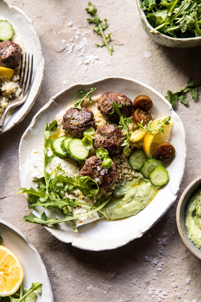 Greek Lamb Meatballs with Avocado Goddess Sauce | halfbakedharvest.com #lamb #easy #meatballs