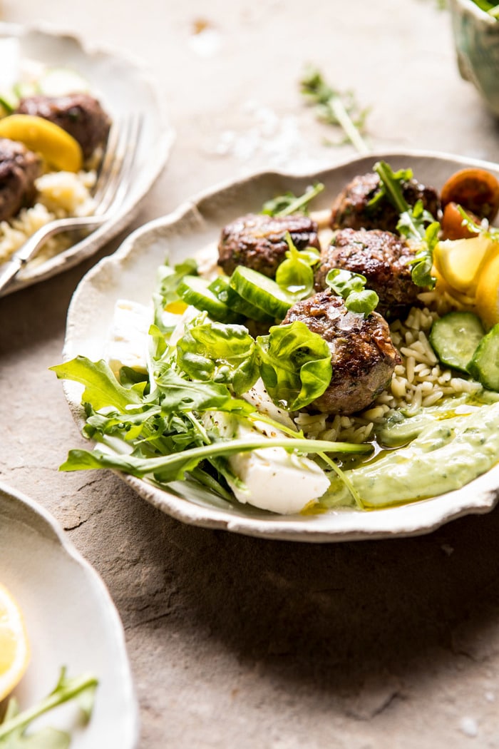 Greek Lamb Meatballs with Avocado Goddess Sauce | halfbakedharvest.com #lamb #easy #meatballs