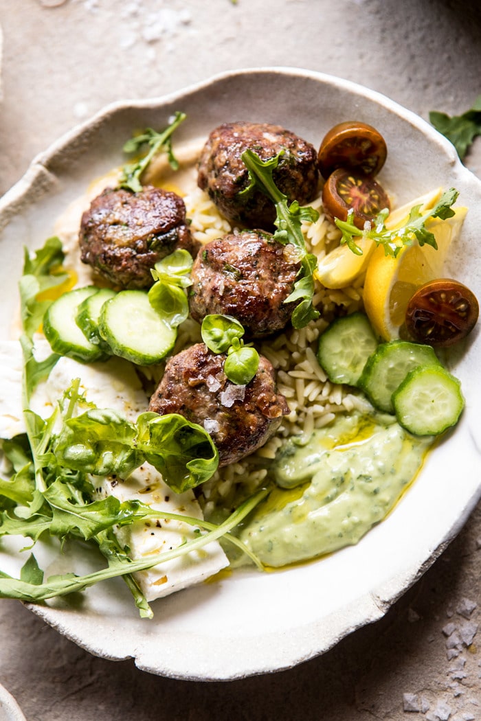 Greek Lamb Meatballs with Avocado Goddess Sauce | halfbakedharvest.com #lamb #easy #meatballs