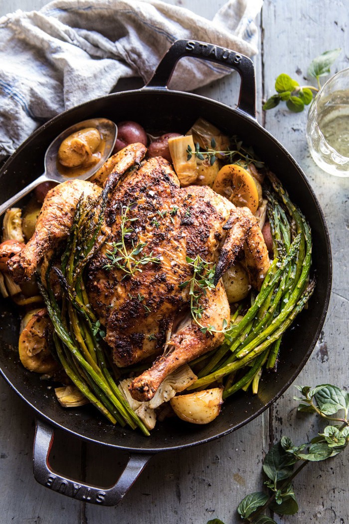 overhead photo of Spring Skillet Roasted Lemon Chicken and Veggies