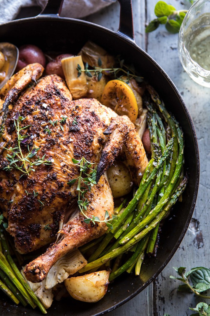 Spring Skillet Roasted Lemon Chicken and Veggies | halfbakedharvest.com #chicken #easy #dinner #recipes