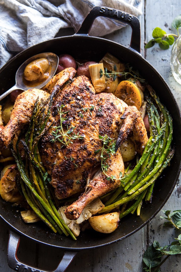 Spring Skillet Roasted Lemon Chicken and Veggies | halfbakedharvest.com #chicken #easy #dinner #recipes