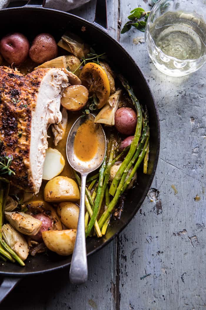 Spring Skillet Roasted Lemon Chicken and Veggies | halfbakedharvest.com #chicken #easy #dinner #recipes