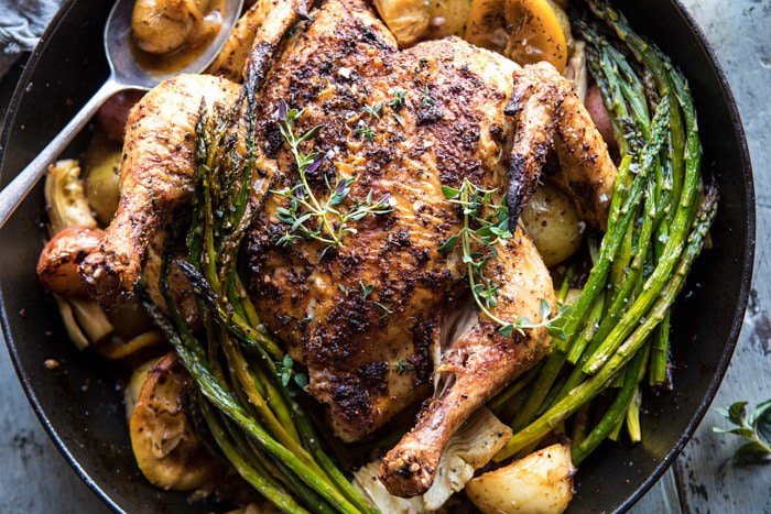 Spring Skillet Roasted Lemon Chicken and Veggies | halfbakedharvest.com #chicken #easy #dinner #recipes