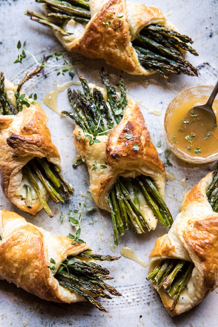 overhead photo of Asparagus and Brie Puff Pastry with Thyme Honey