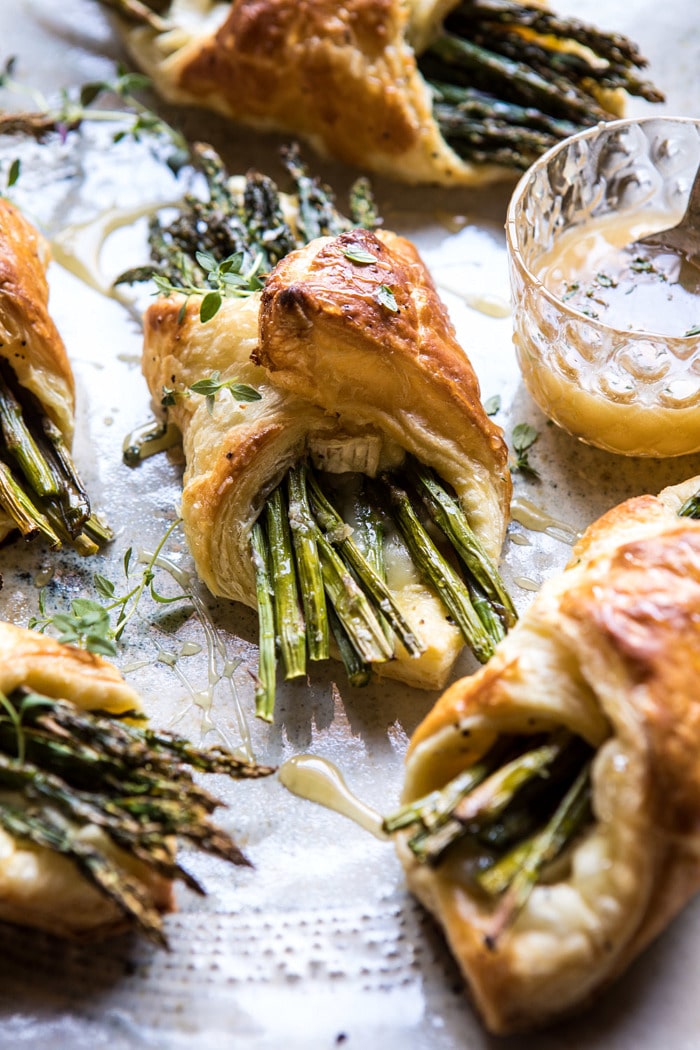 side photo of Asparagus and Brie Puff Pastry with Thyme Honey 