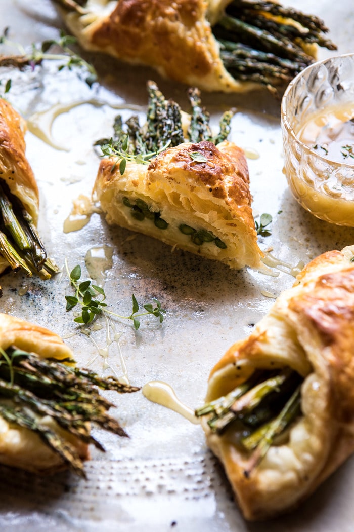 side photo of cut into Asparagus and Brie Puff Pastry with Thyme Honey