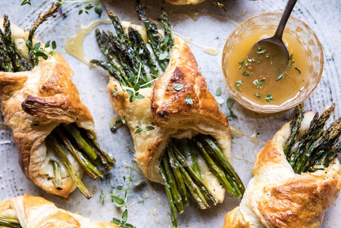 overhead horizontal photo of Asparagus and Brie Puff Pastry with Thyme Honey