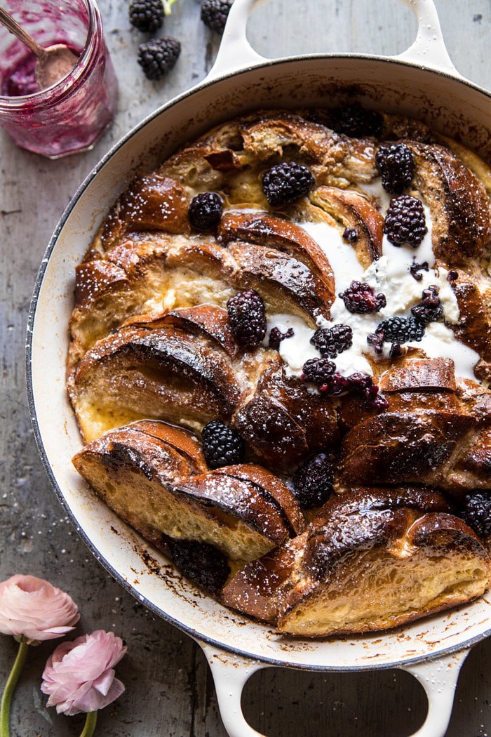 overheat close up photo of Baked Blackberry Ricotta French Toast