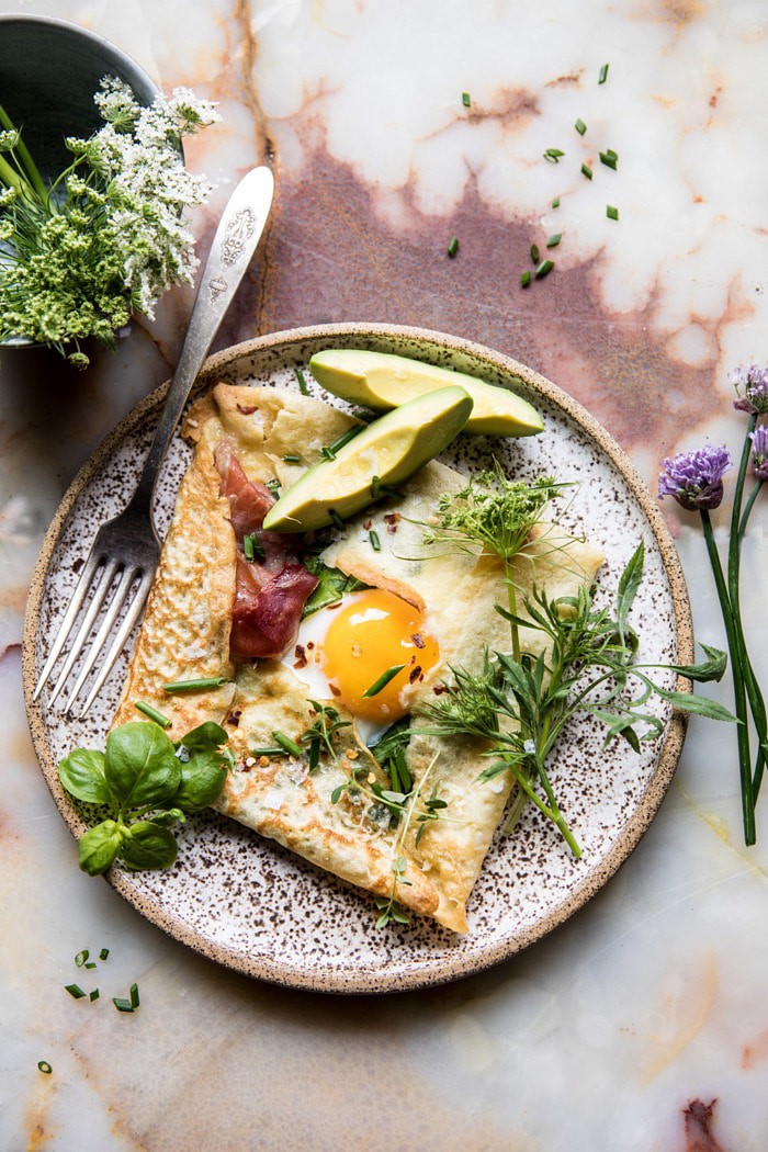 overhead photo of Baked Egg Crepes with Spring Herbs and Avocado 