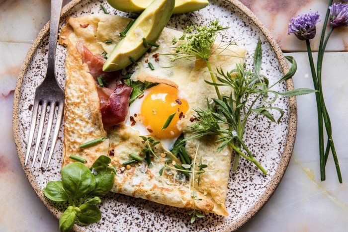 horizontal photo of Baked Egg Crepes with Spring Herbs and Avocado