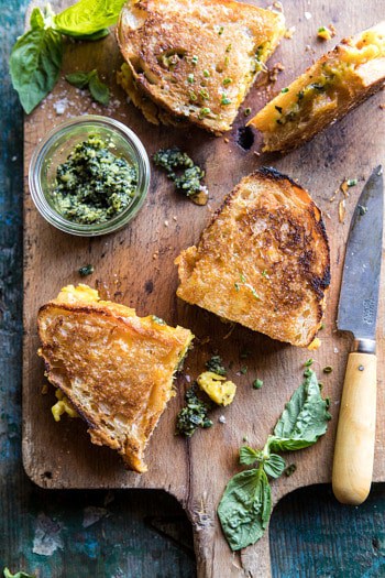 Breakfast Grilled Cheese with Soft Scrambled Eggs and Pesto.