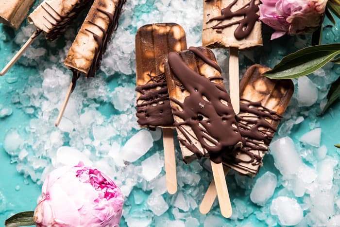 overhead horizontal photo of Chocolate Coconut Latte Fudge Popsicles