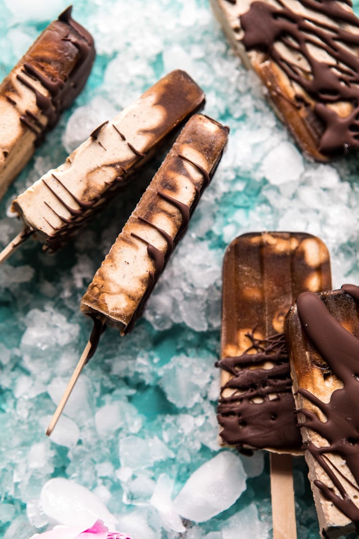 overhead photo of Chocolate Coconut Latte Fudge Popsicles turned on their side
