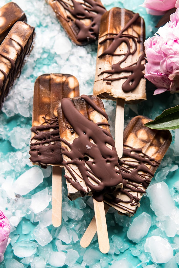 close up overhead photo of Chocolate Coconut Latte Fudge Popsicles
