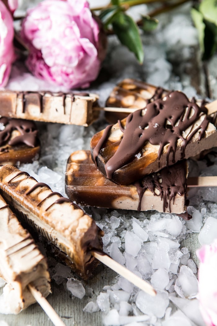 side angle photo of Chocolate Coconut Latte Fudge Popsicles