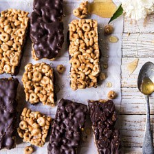 Chocolate Dipped Peanut Butter and Honey Cheerio Bars.