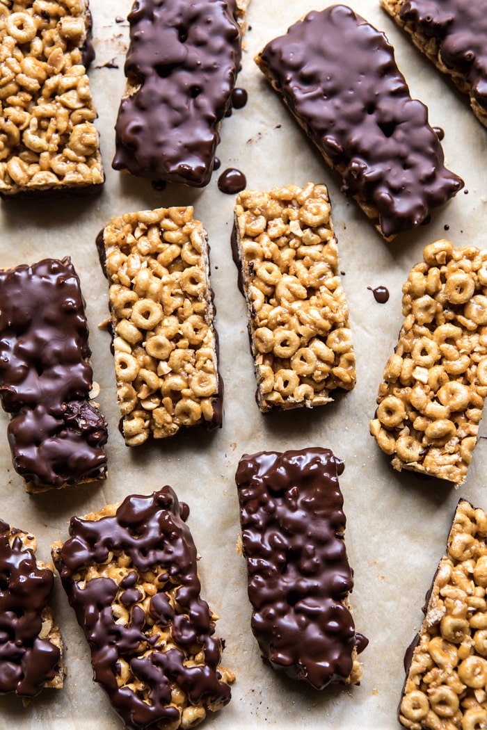 overhead prep photo of Chocolate Dipped Peanut Butter and Honey Cheerio Bars