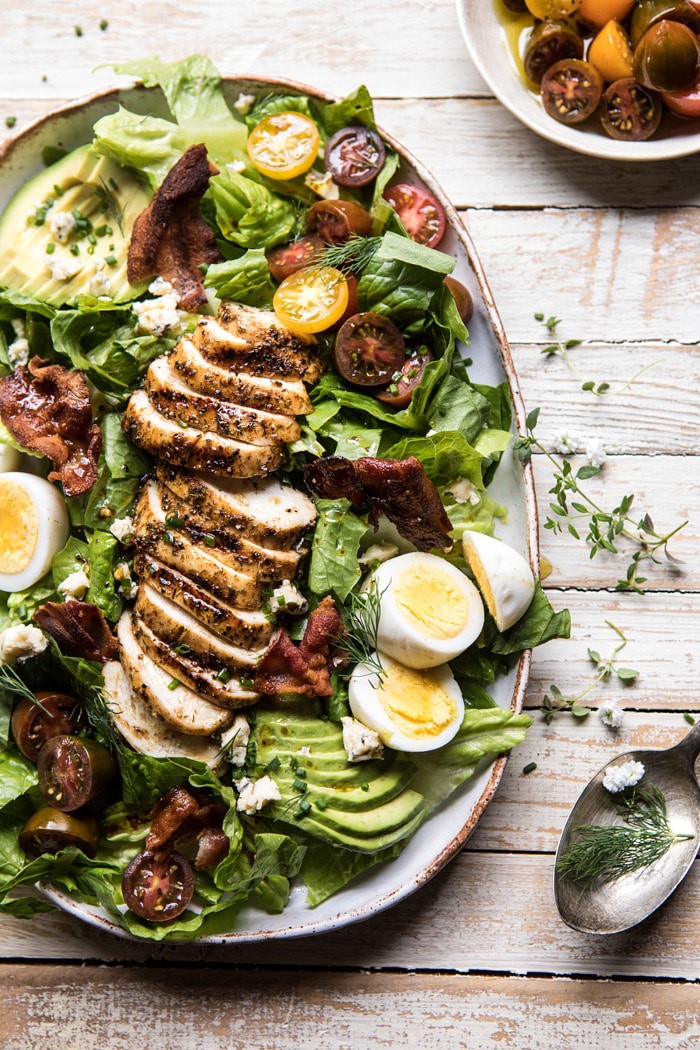 side angle over head photo of Balsamic Grilled Chicken Cobb Salad