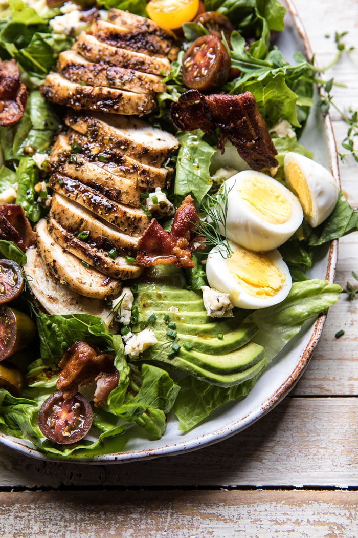 close up overhead photo of Balsamic Grilled Chicken Cobb Salad