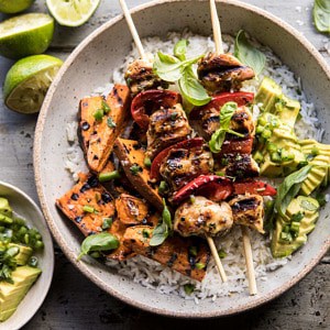 Grilled Chili Honey Lime Chicken and Sweet Potatoes with Avocado Salsa.