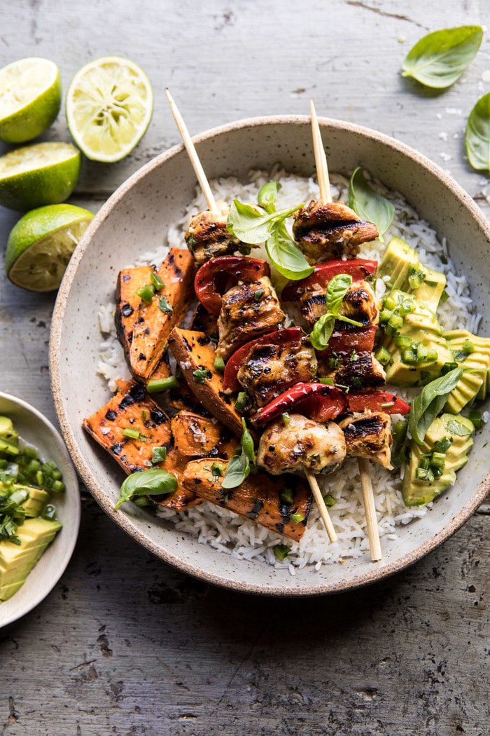 overhead photo of Grilled Chili Honey Lime Chicken and Sweet Potatoes with Avocado Salsa