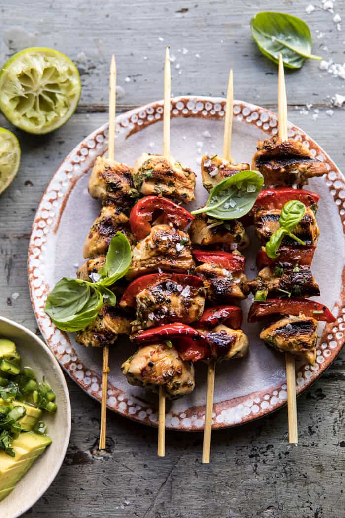 over head photo of Grilled Chili Honey Lime Chicken with avocado