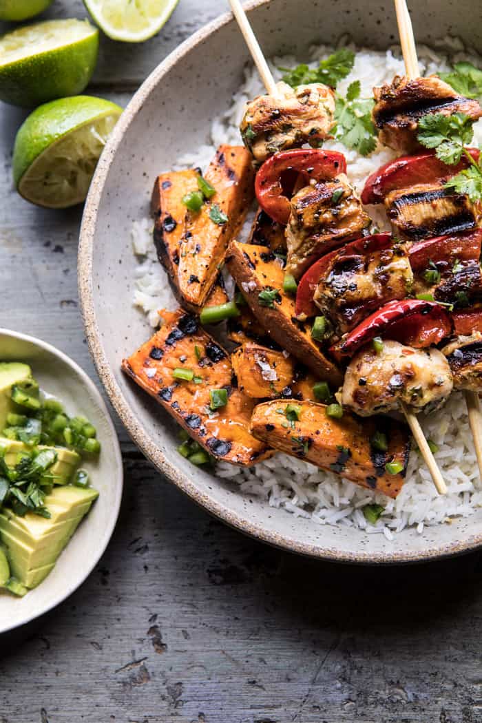close up photo of Grilled Chili Honey Lime Chicken and Sweet Potatoes with Avocado Salsa