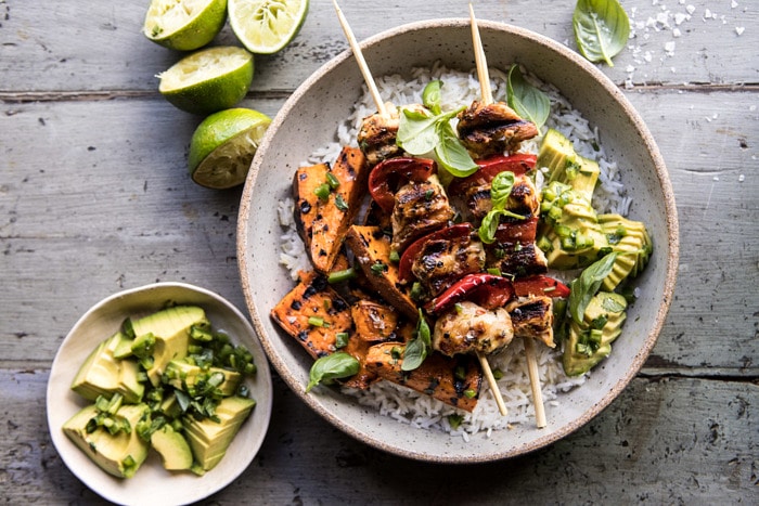 horizontal photo Grilled Chili Honey Lime Chicken and Sweet Potatoes with Avocado Salsa 
