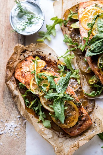 Parchment Baked Lemon Salmon and Potatoes with Dill Yogurt.