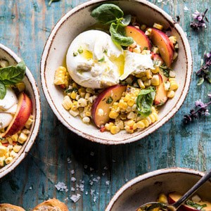 Spicy Corn, Peach, and Burrata Salad | halfbakedharvest.com #summer #easyrecipe #salad