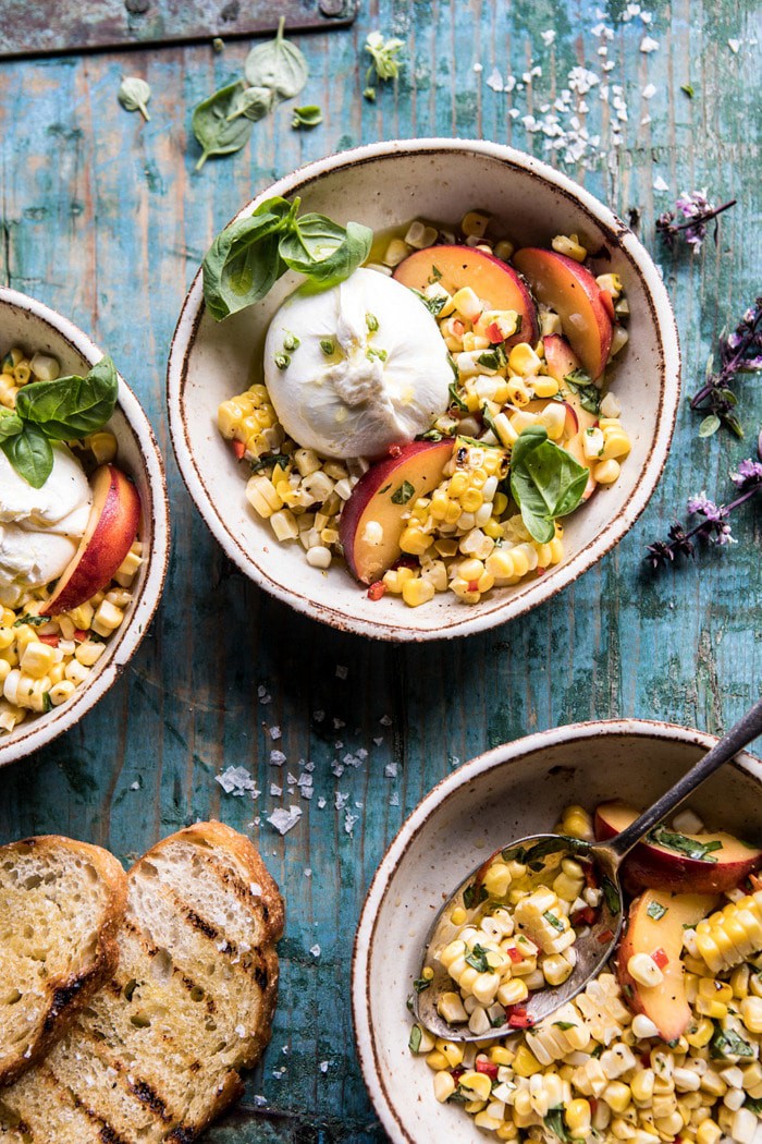 close up overhead photo of Spicy Corn and Peaches with Burrata