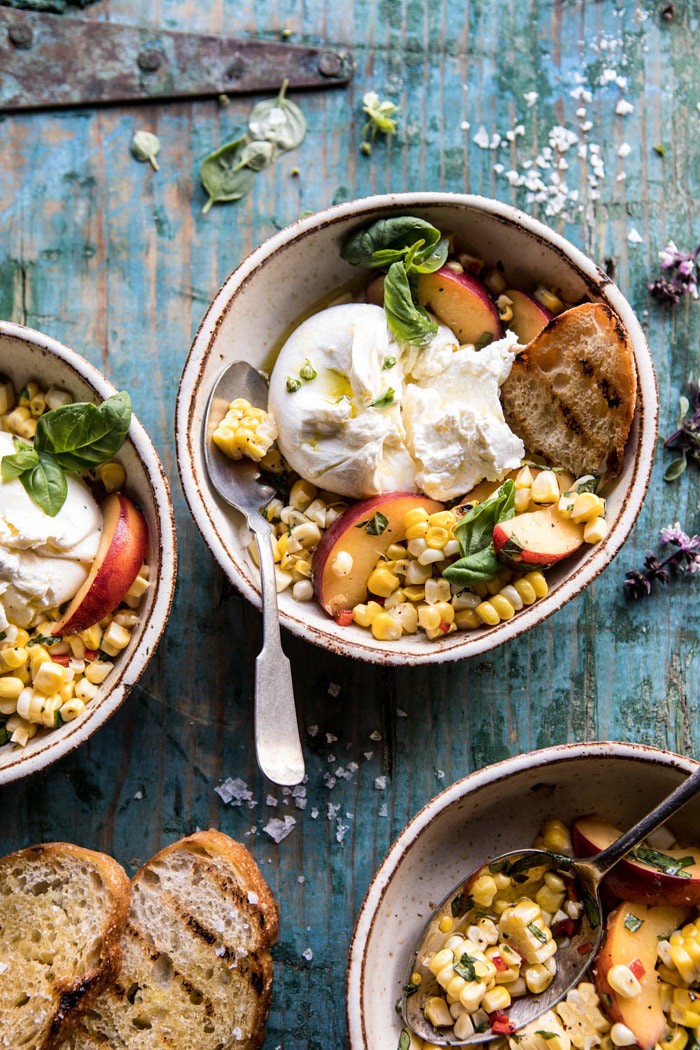 broken into overhead photo of Spicy Corn and Peaches with Burrata
