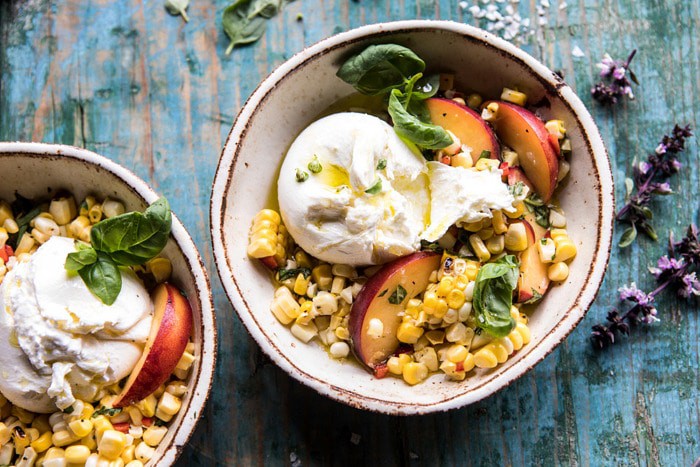 horizontal photo of Spicy Corn and Peaches with Burrata