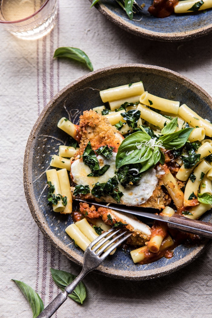 cut into photo of Spring Chicken Parmesan with Tuscan Kale Pesto