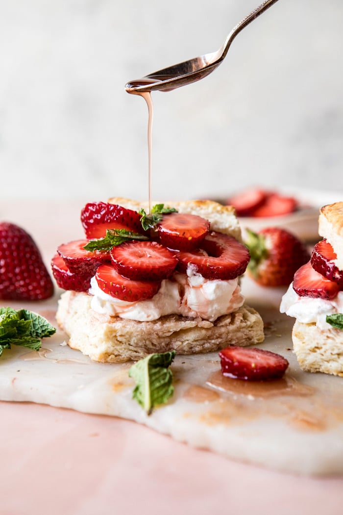 front on drizzle photo of Strawberry Bourbon Shortcakes