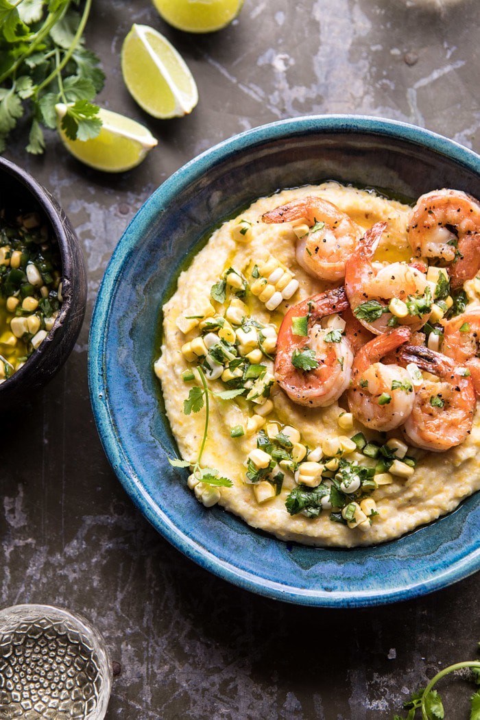 close up overhead photo of Sweet Corn Chimichurri Butter Shrimp with Polenta 