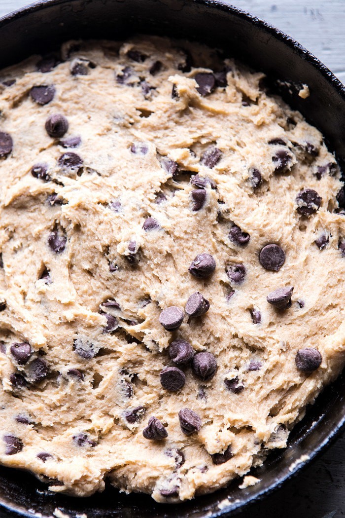 overhead photo of unbaked Whole Wheat Chocolate Chip Skillet Cookie