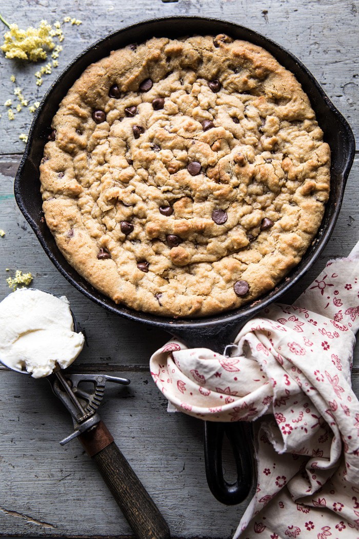 overhead photo of Whole Wheat Chocolate Chip Skillet Cookie without ice cream